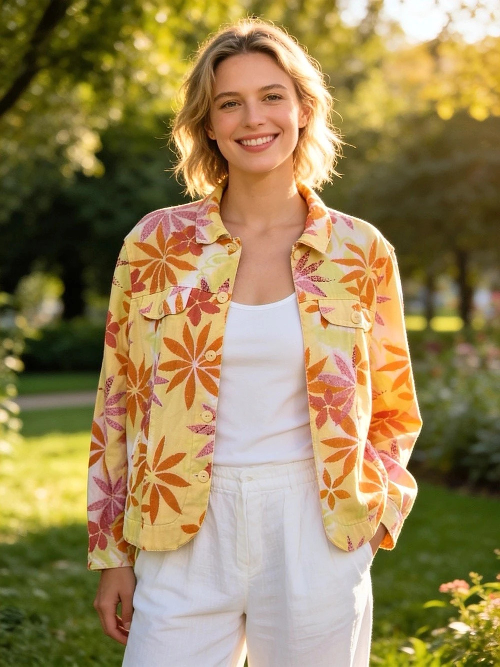 Coldwater Creek Floral Button-Front Jacket Yellow & Orange Medium